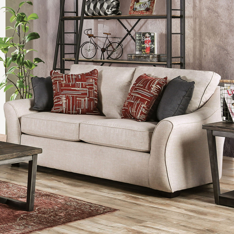 Fabric Upholstered Loveseat With Curved Shelter Arms, Ivory