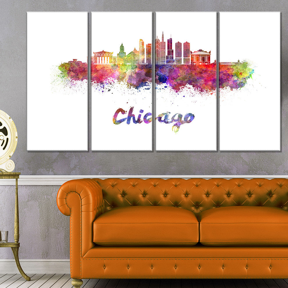 "Colorful Chicago Skyline in Watercolor" Wall Art, 48"x28", 4-Panels