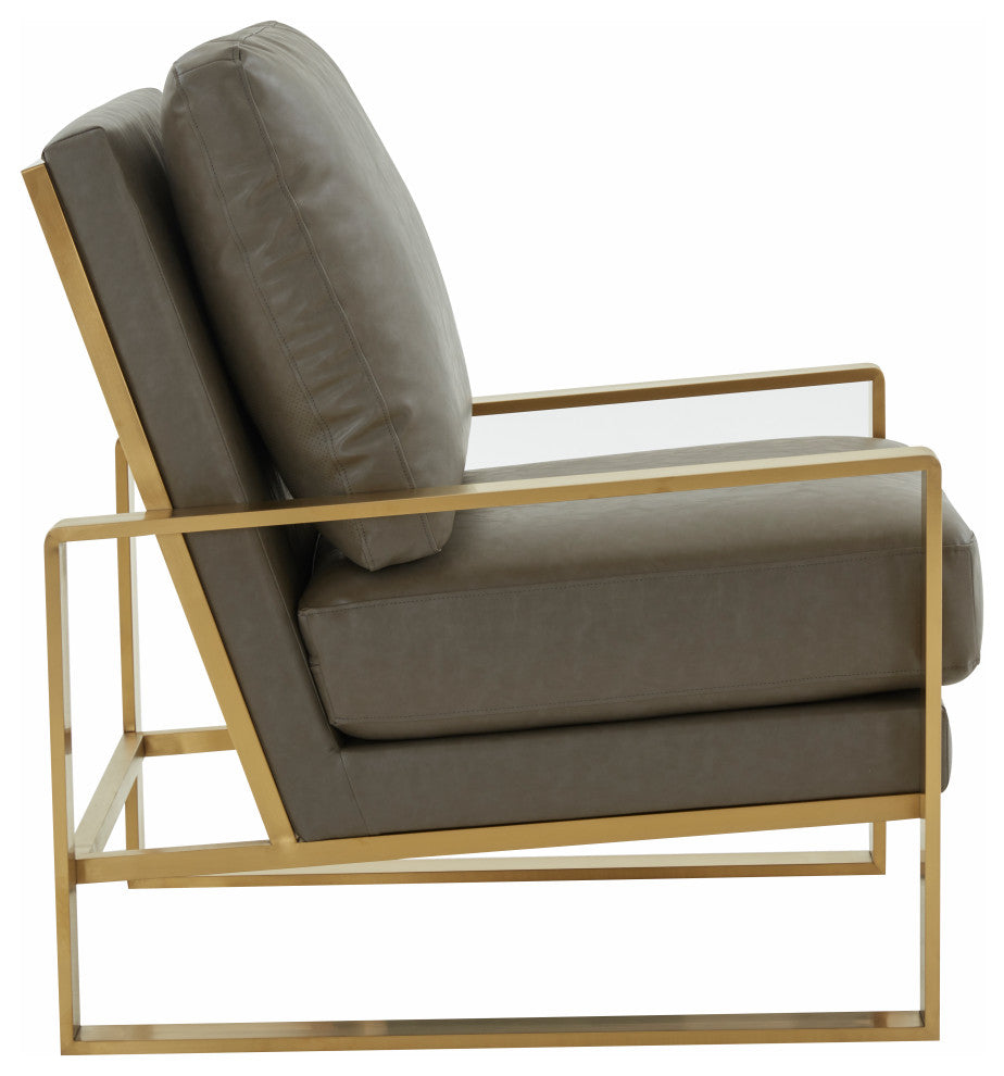 LeisureMod Jefferson Faux Leather Accent Armchair With Gold Frame, Grey