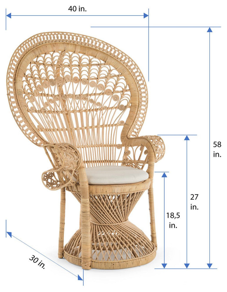 Grand Peacock Chair in Rattan With Seat Cushion, Natural-Brown