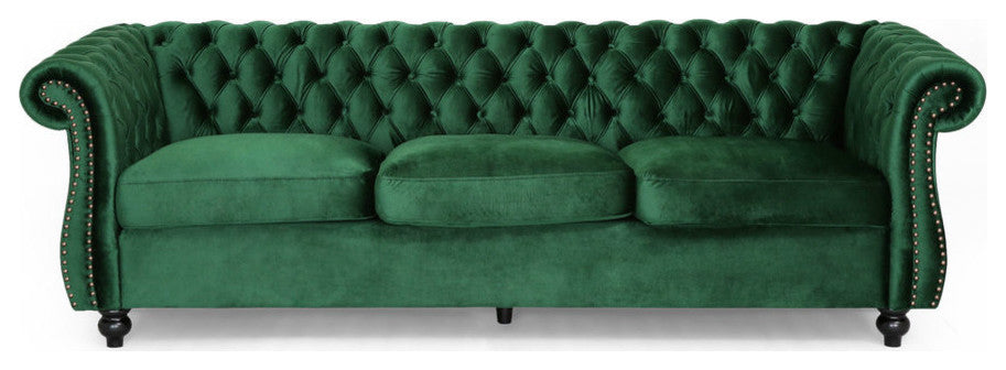GDF Studio Vita Chesterfield Tufted Jewel Toned Velvet Sofa With Scroll Arms, Emerald