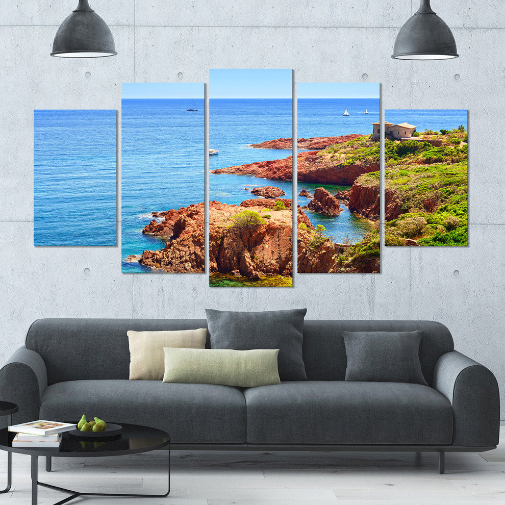 Esterel Rocks Beach Coast, Landscape Canvas Art Print, 60"x32", 5 Panels