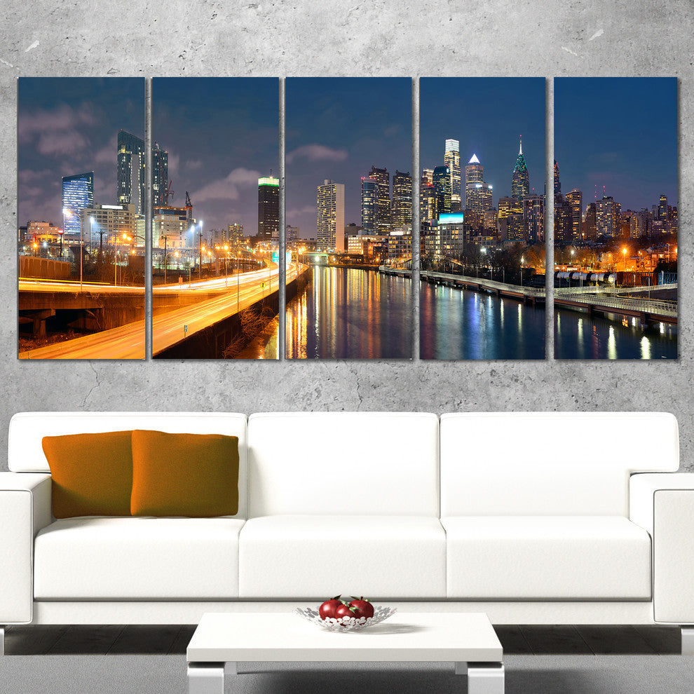 "Philadelphia Skyline at Night" Canvas Print60"x28", 5-Panels