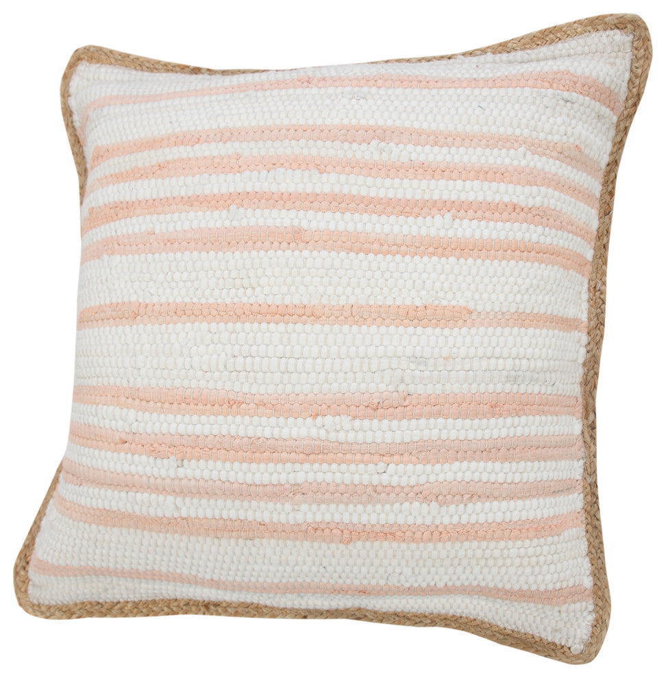 Coral Pink and White Striped Jute Bordered Throw Pillow