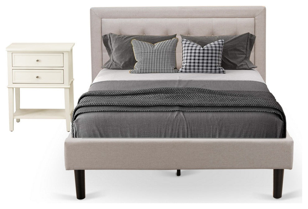 2Pc Platform Full Size Bed Set, 1 Full Bed, End Table For Bedroom, Mist Beige