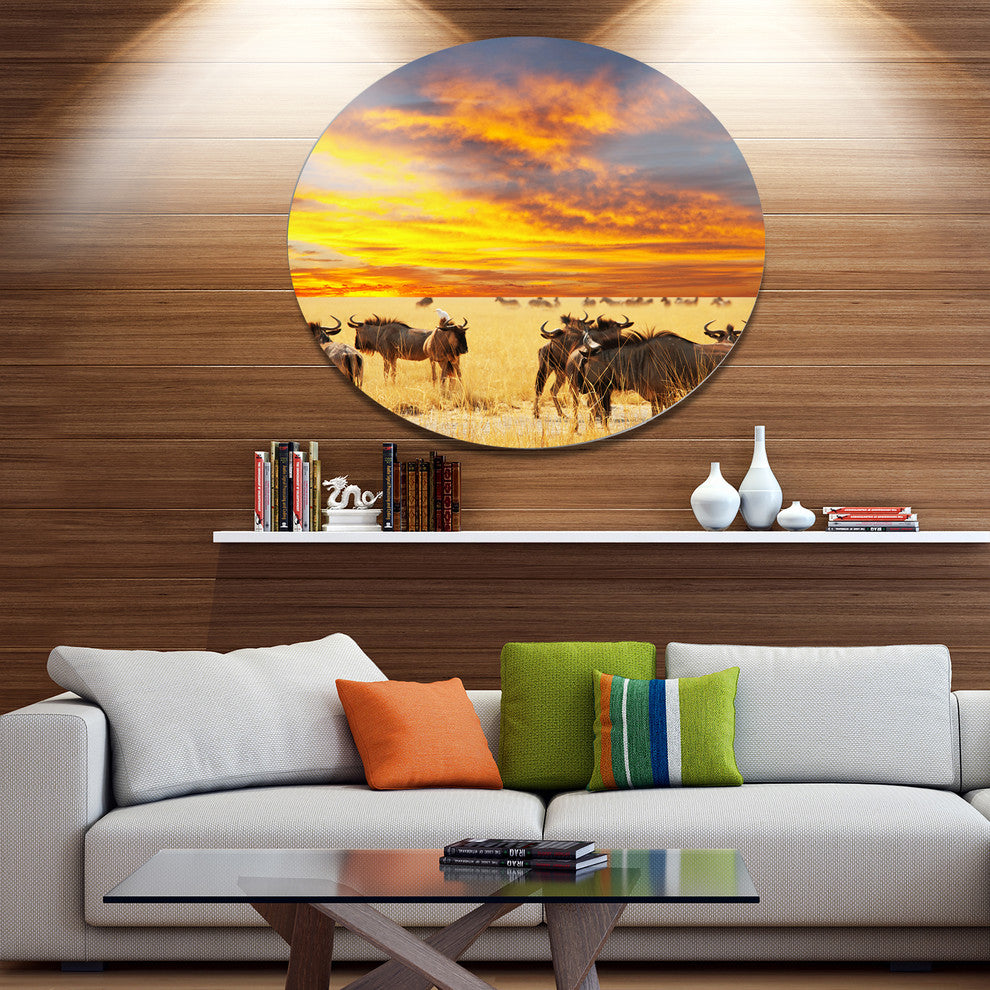 Antelope Crowd At Sunset, African Round Metal Wall Art, 36"
