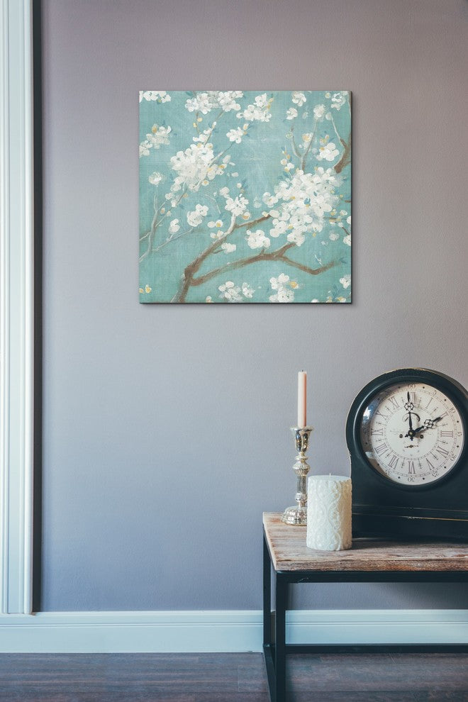 "White Cherry Blossom I on Blue" Giclee Canvas Wall Art, 18"x18"