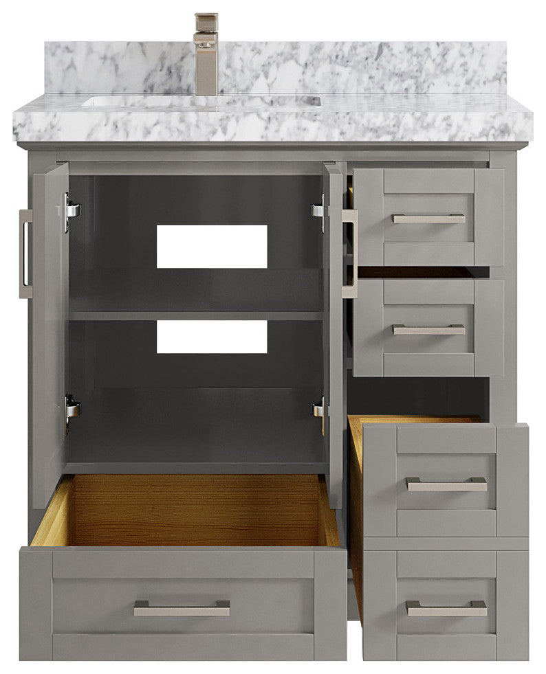 Boston 36 Left Offset Bath Vanity in Elephant Skin Gray 2" Carrara Marble