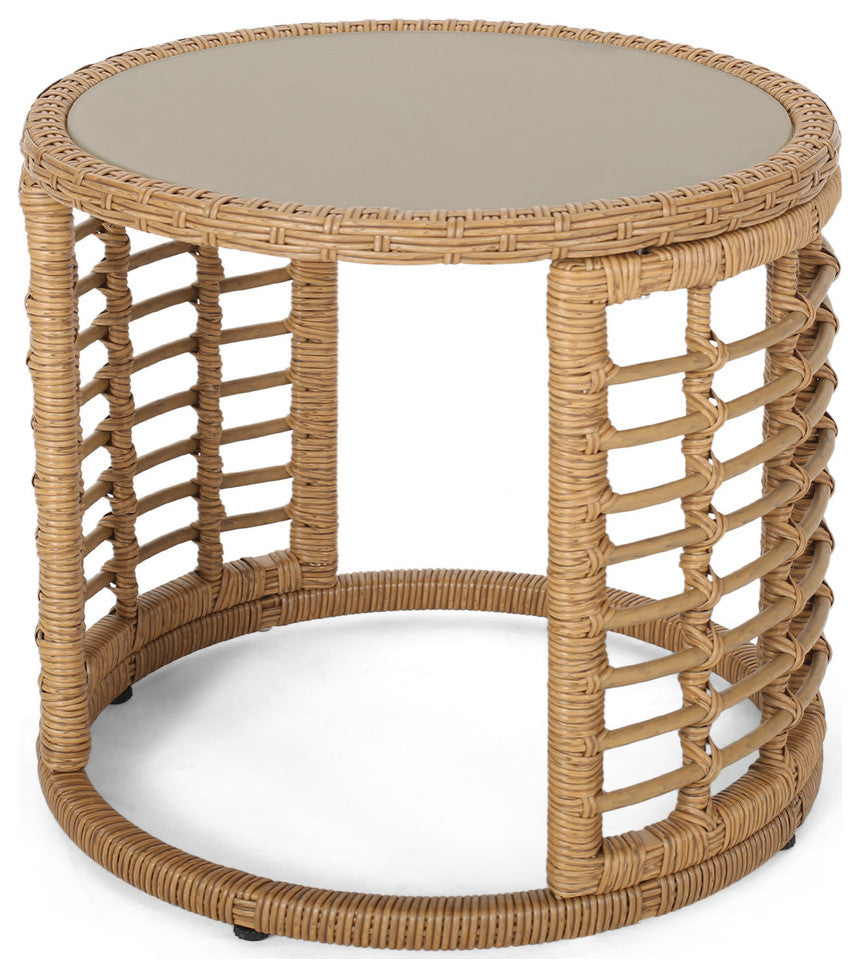 Anne Indoor Modern Boho Wicker Side Table With Tempered Glass Top, Light Brown