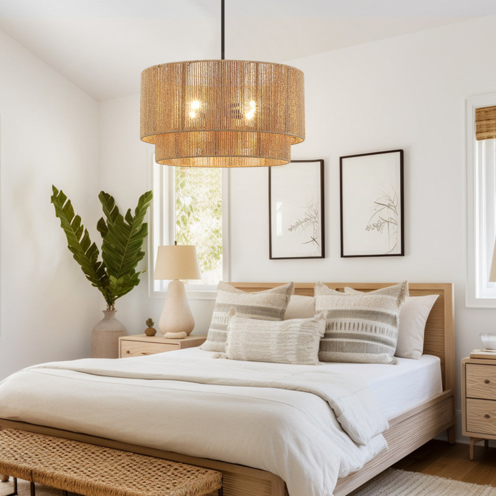 22"W 4-Light Rattan Tiered Drum Chandelier Light With Black Canopy, Natural