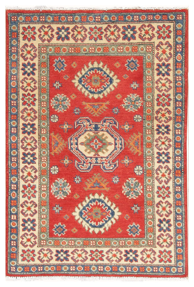 Kazak Traditional Wool Handmade Pakistani Oriental Area Rug, Red, 3'11"X2'9"