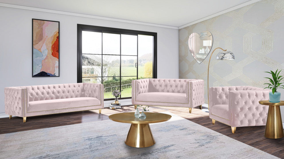 Michelle Fabric Upholstered Chair, Gold Iron Legs, Pink, Velvet, Chair