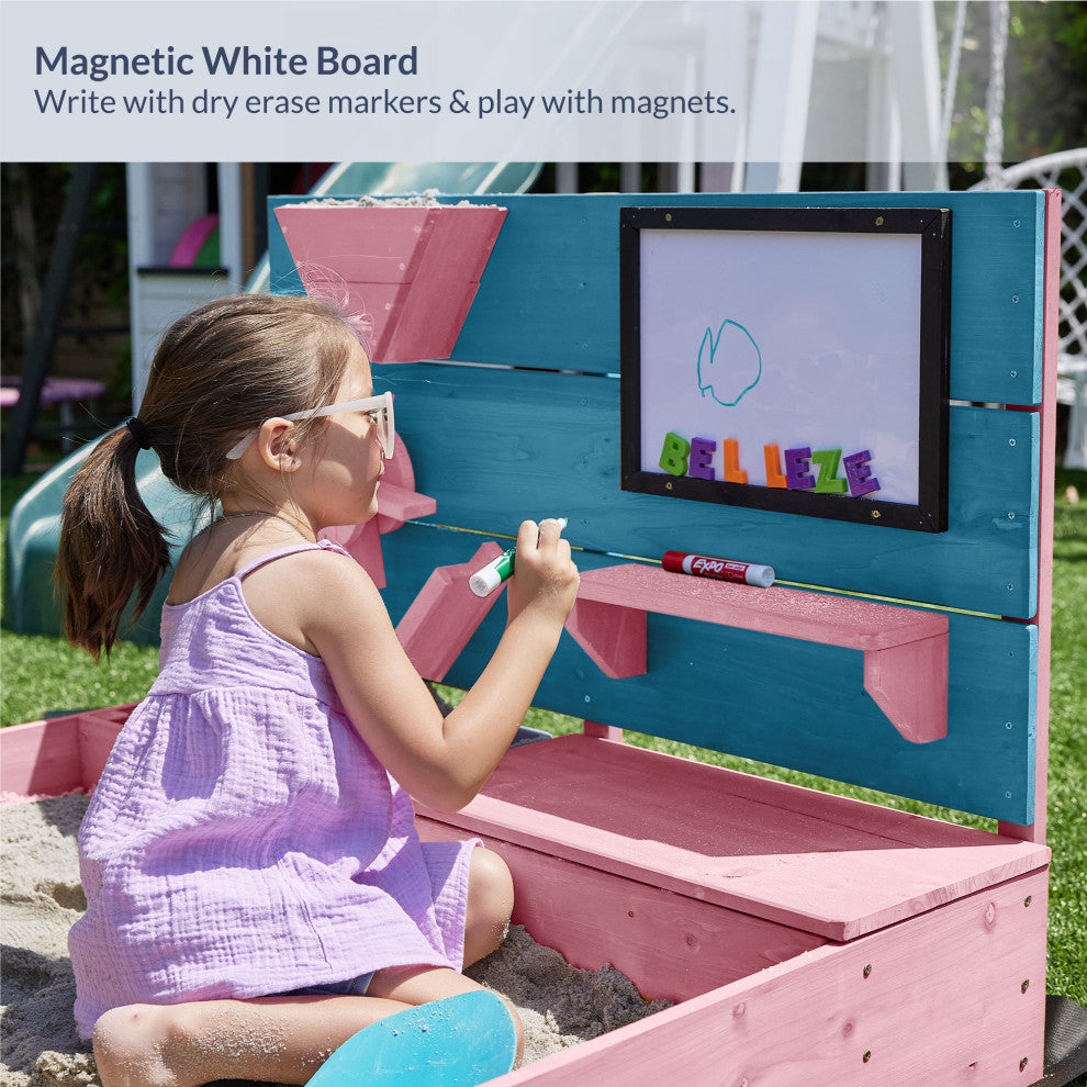 Kids Wooden Sandbox Outdoor Sandpit for Backyard with Cover (Pink)