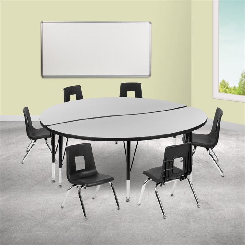 60" Circle Wave Activity Table Set with 12" Student Stack Chairs, Grey