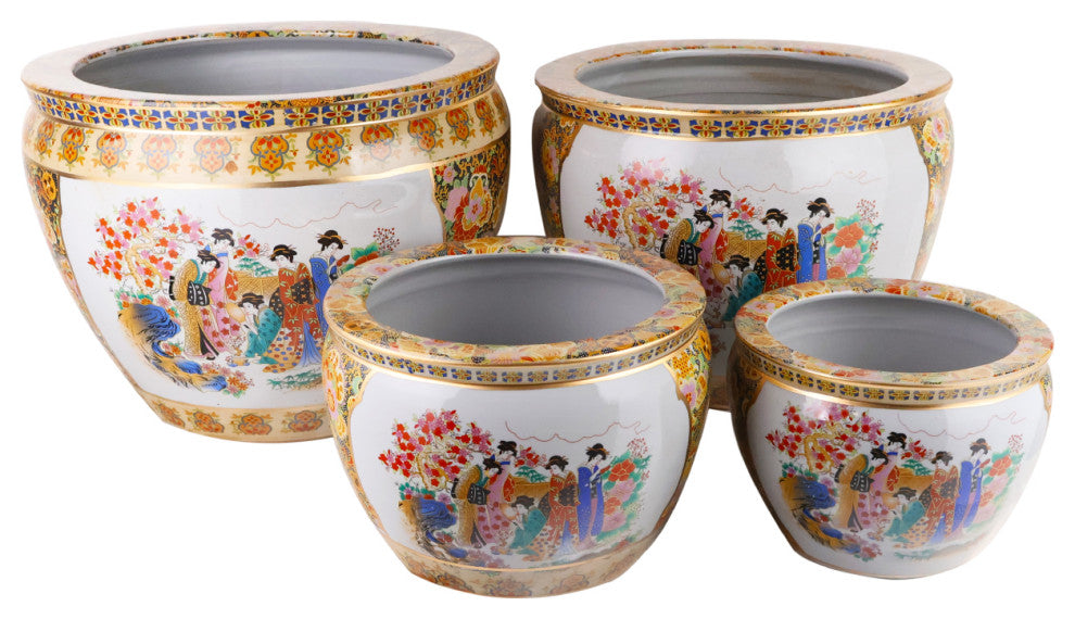 Chinese Porcelain Fish Bowl Planter, Satsuma Geishas, 8"