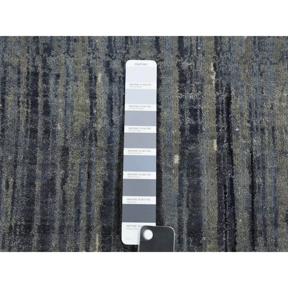 Gray and Blue Pure Wool Hand Knotted Modern Ombre Design Runner Rug, 2'6"x10'2"