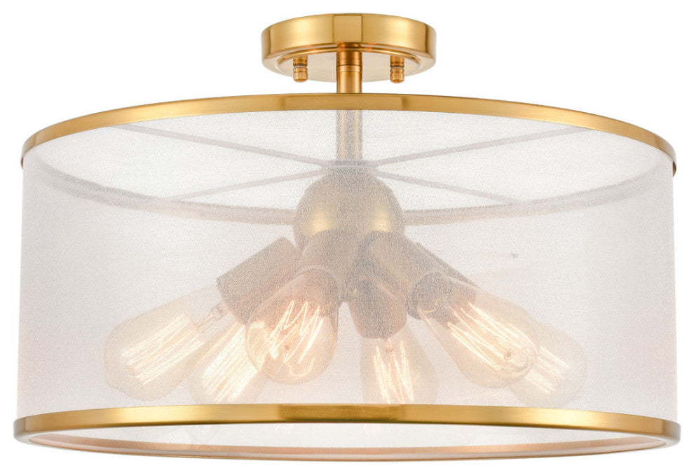 Modern Drum Organza Semi Flush Ceiling Light Gold 6-Light Chandelier
