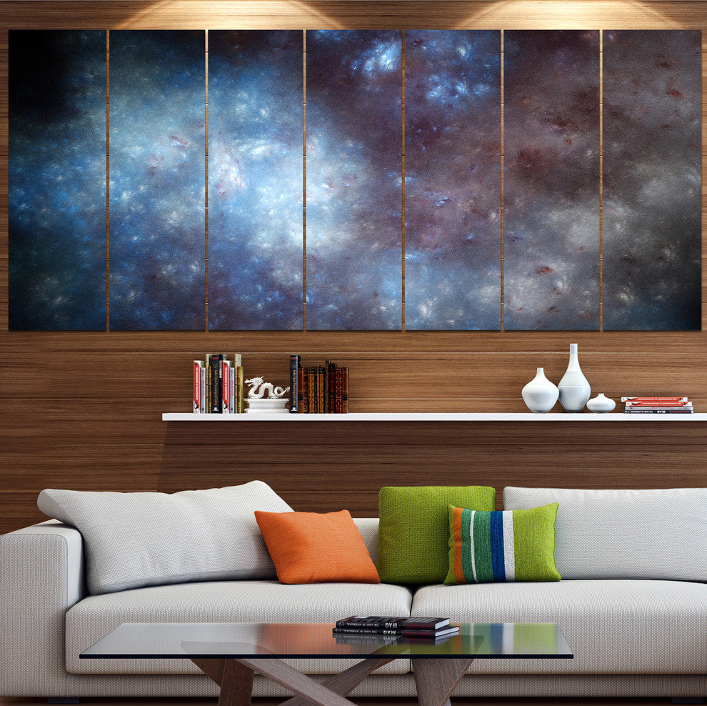 Blue Grey Starry Fractal Sky, Abstract Art on Canvas, 83"x32", 7 Panels