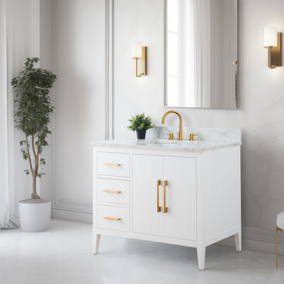 Vanity Art Bathroom Vanity With Sink, White, 42", Single Sink, Golden Brushed