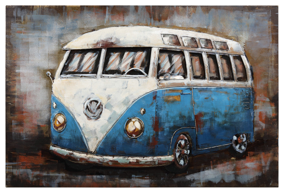 "Blue Bus" Wall Art Mixed Media Iron Hand Painted Dimensional Wall Sculpture