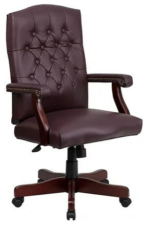 Office Chair, Button Tufted Back & Arms With Nailhead, Burgundy Faux Leather
