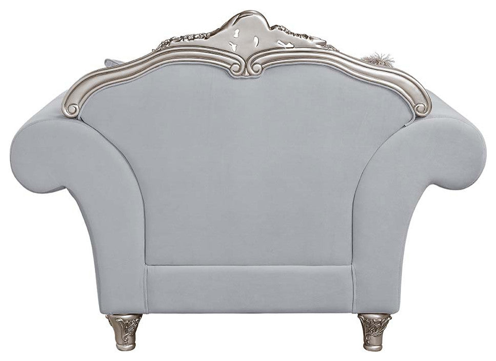 Chair With 3 Pillows, Light Gray Linen & Platinum Finish, Pelumi