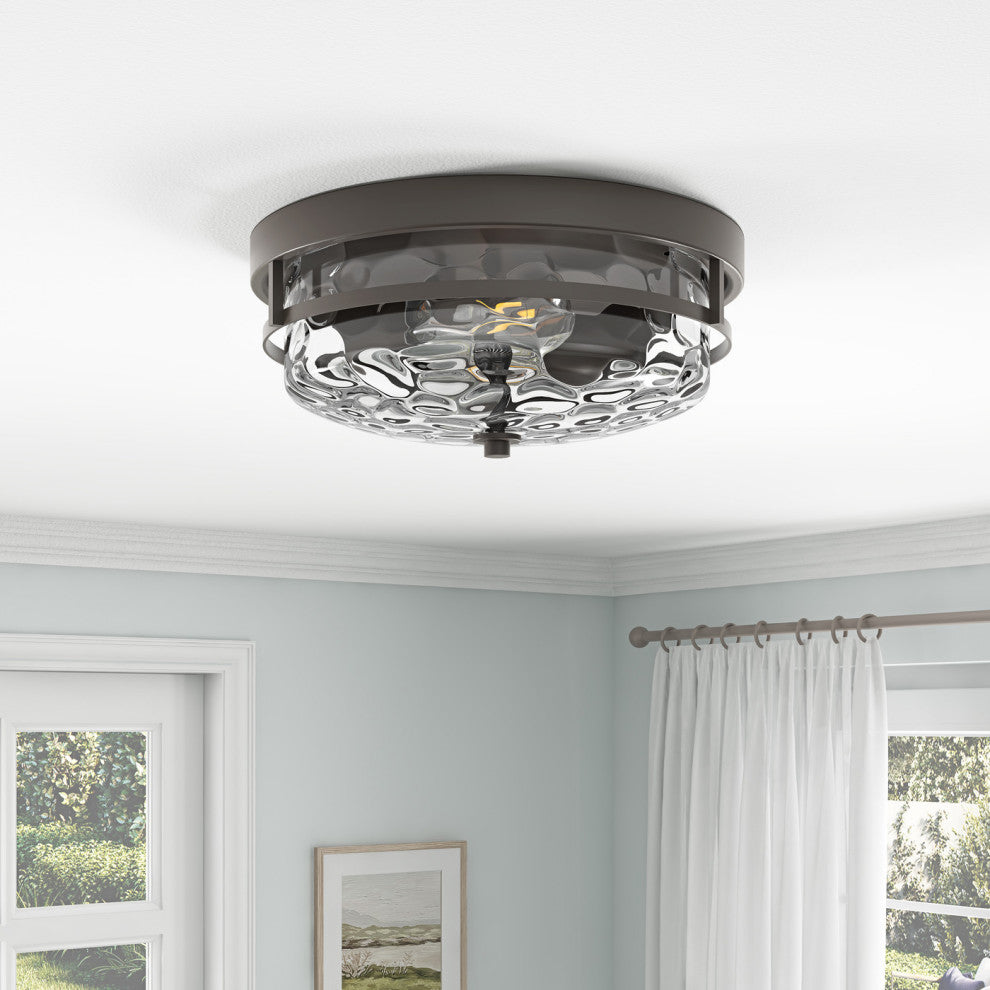 Vintage Oil Rubbed Bronze 2-Light Drum Shape Stone Ripple Glass Ceiling Light