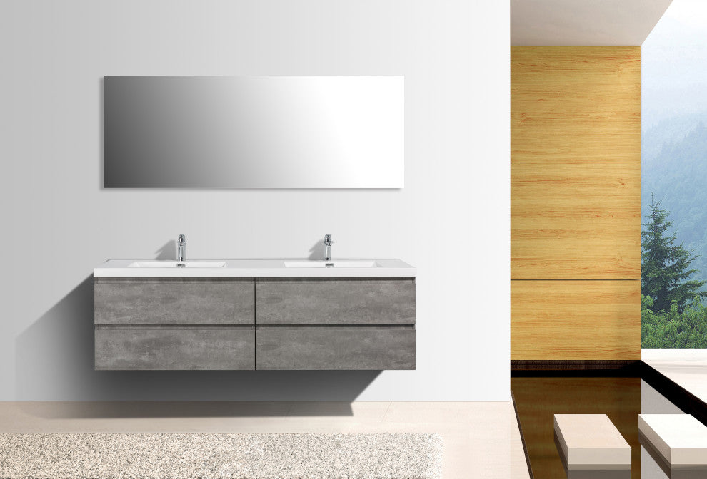 Alma-Pre 4 Drawers Wall Mount Vanity, Integrated White Sink, Cement Crey, 60"