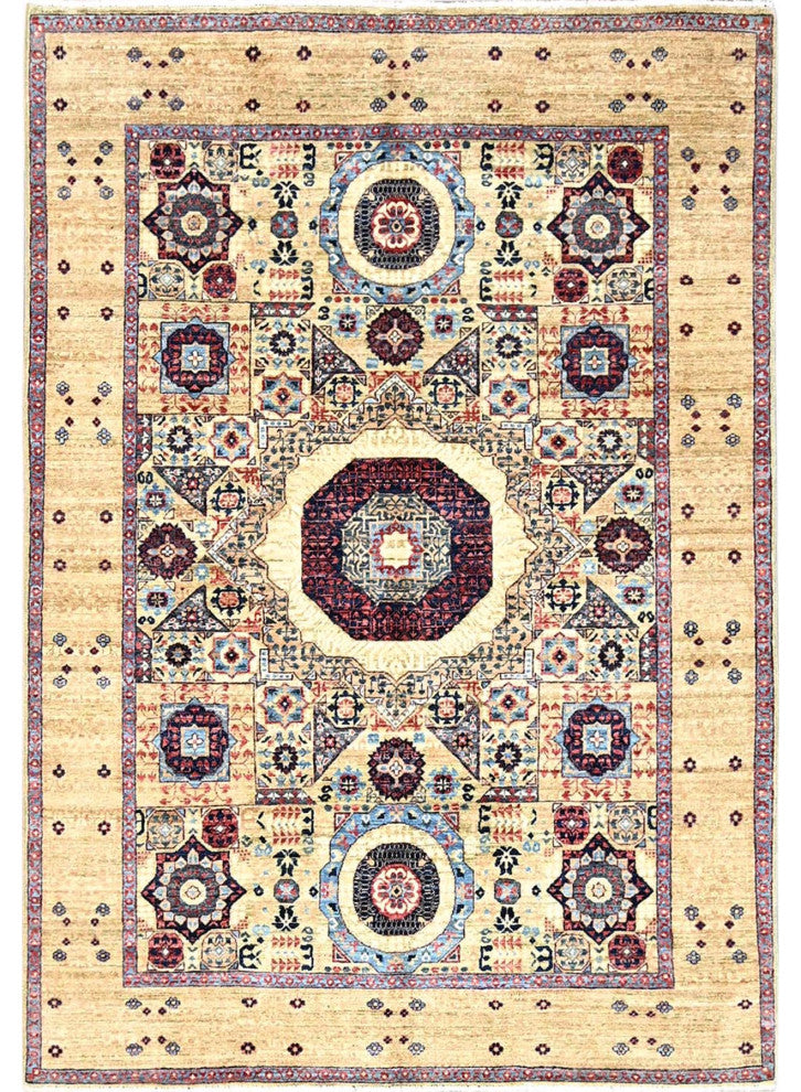 White, Hand Knotted, Natural Wool, Mamluk Design, Oriental Rug, 5'x7'