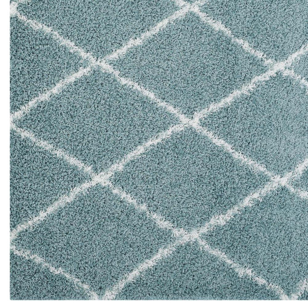 Aqua Blue and Ivory Toryn Diamond Lattice 8x10 Shag Area Rug