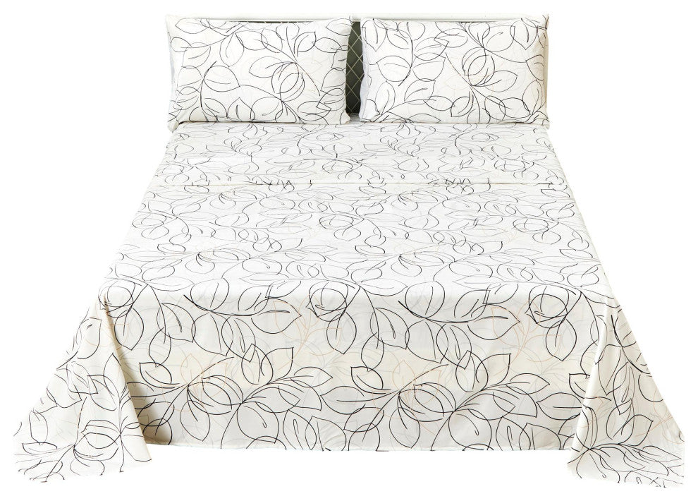 Tache Modern Leaf Foliage Abstract Floral White Grey Black Top Flat Sheet, King