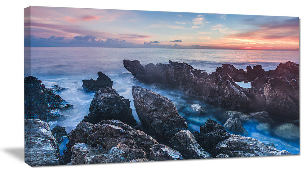 "Blue Sunrise Over Coast of Sicily" Beach Canvas Wall Art, 32"x16"