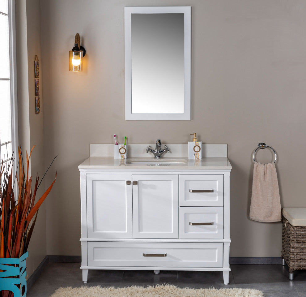 Nera Collection 42" Bathroom Vanity With Sink, Mirror, Countertop, White