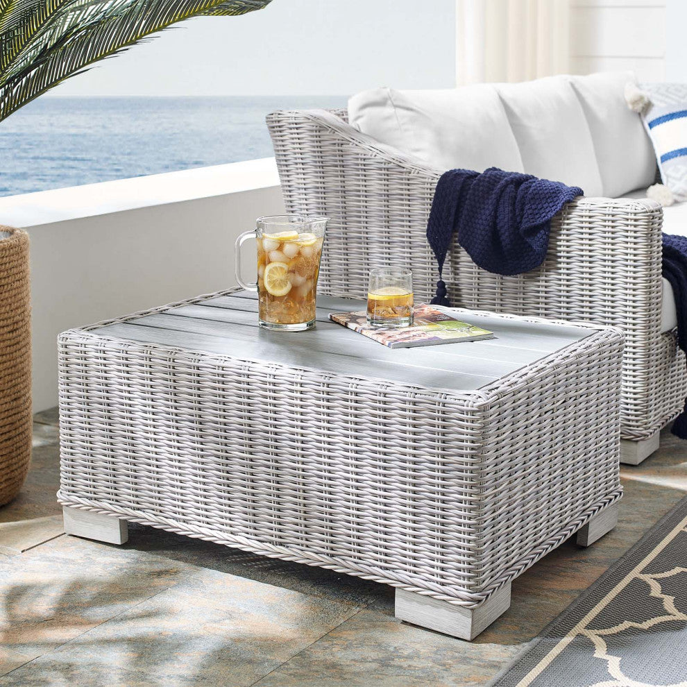 Lounge Coffee Table, Rectangular, Rattan, Wicker, Gray, Modern, Outdoor