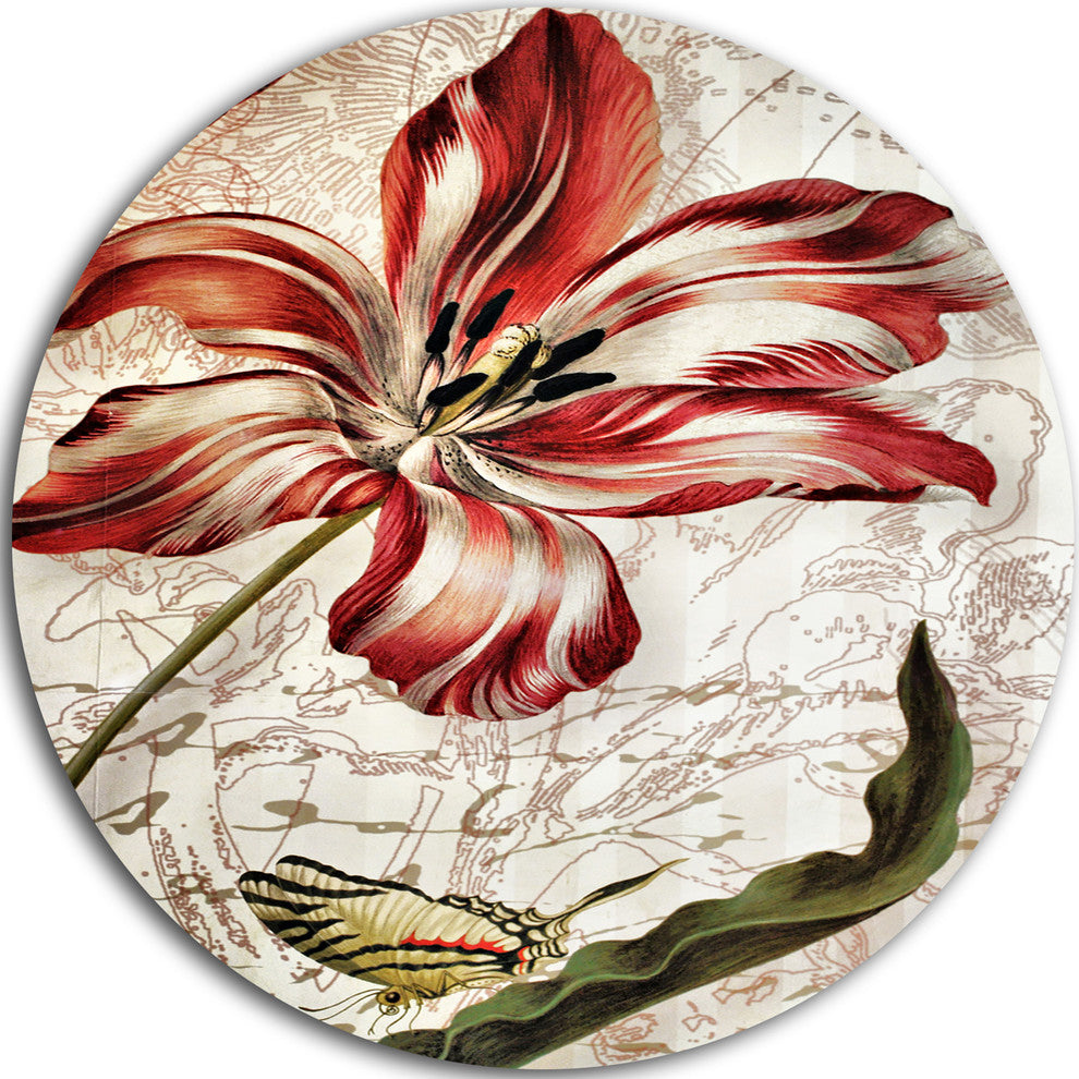 Red Floral Pattern With Butterfly, Floral Disc Metal Wall Art, 38"