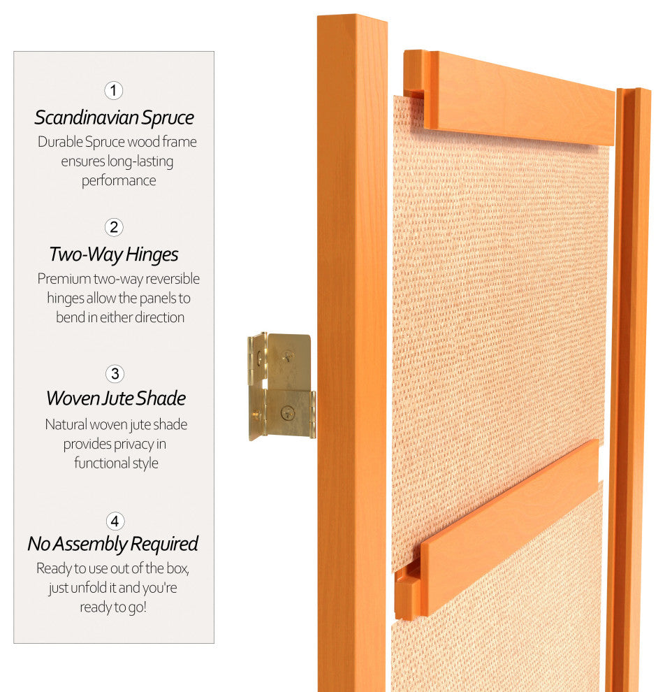 7' Tall Jute Shoji Screen, 4 Panel, Honey