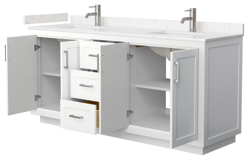 72"DBL Vanity White, Light-Vein Carrara Cult. Marble Top, Sinks, Nickel Trim