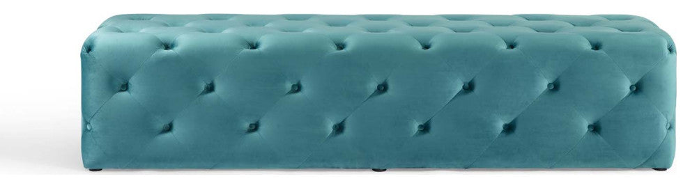 Tufted Accent Chair Bench, Velvet, Blue, Modern, Living Lounge Hotel Hospitality