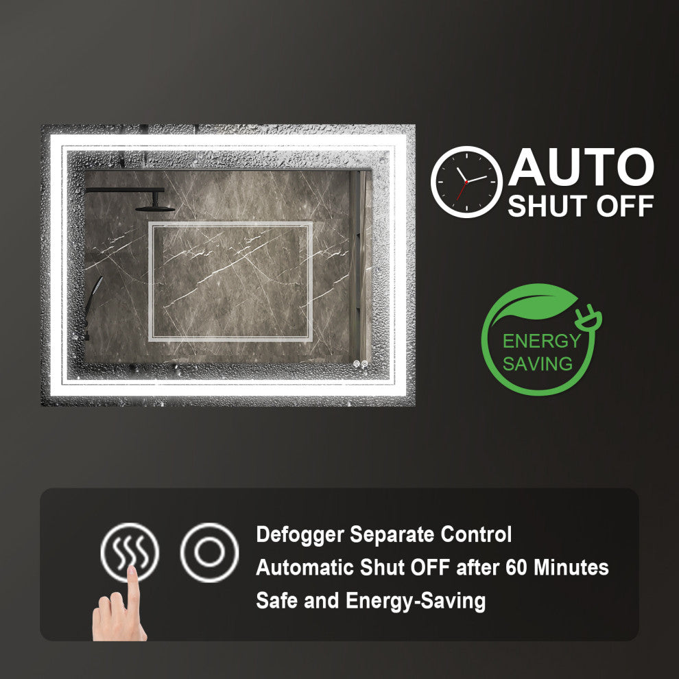 Frameless LED Lighted Bathroom Mirror With Defogger Dimmer, 48"x36"