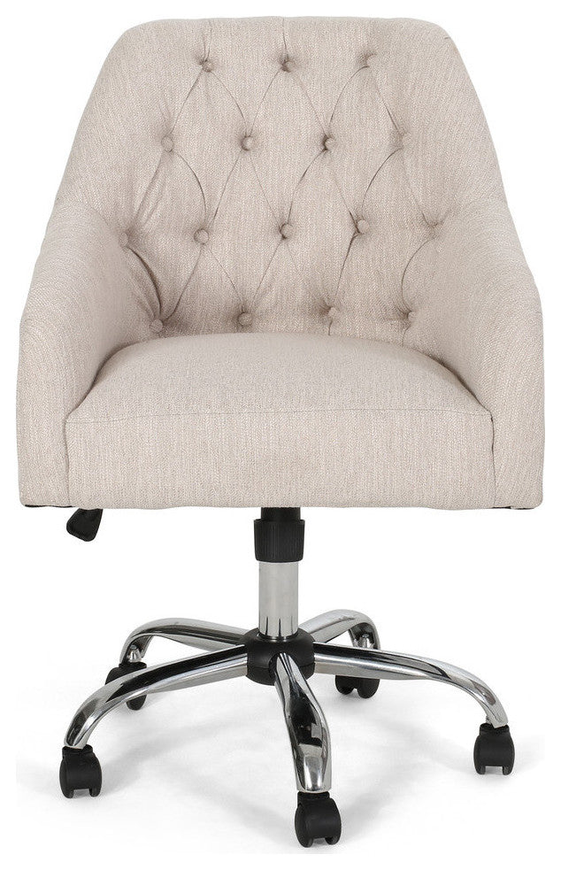Uriel Tufted Home Office Chair With Swivel Base, Beige, Silver Finish
