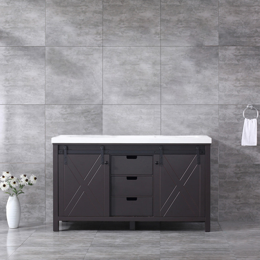 Marsyas 60" Brown Double Vintage Bathroom Vanity Cabinet Quartz Top Square Sinks