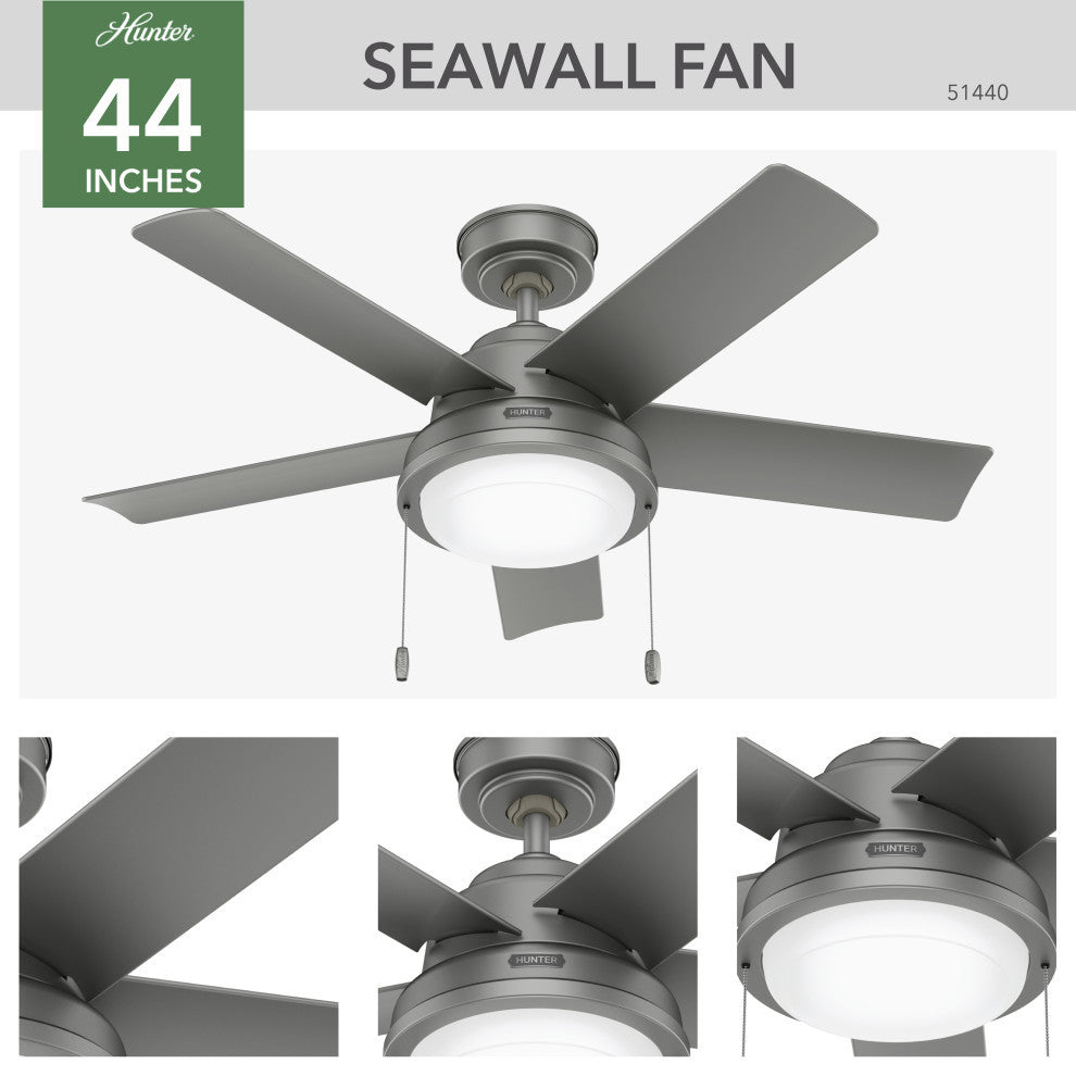 Hunter Seawall Wet Rated Ceiling Fan, LED Light Kit, Pull Chain, Matte Silver