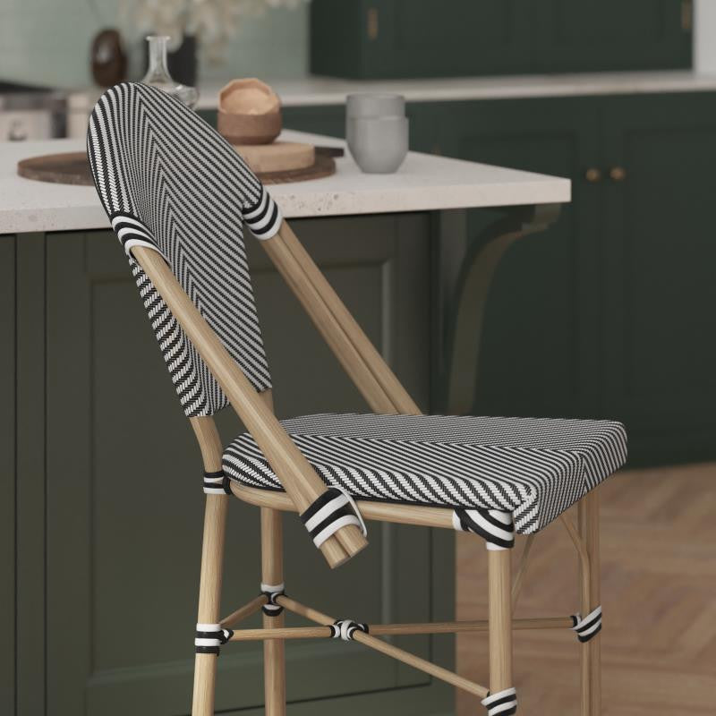 Marseille Stackable Indoor/Outdoor Bistro 26" High Barstool, Commercial Grade, Black & White/Light Natural Frame