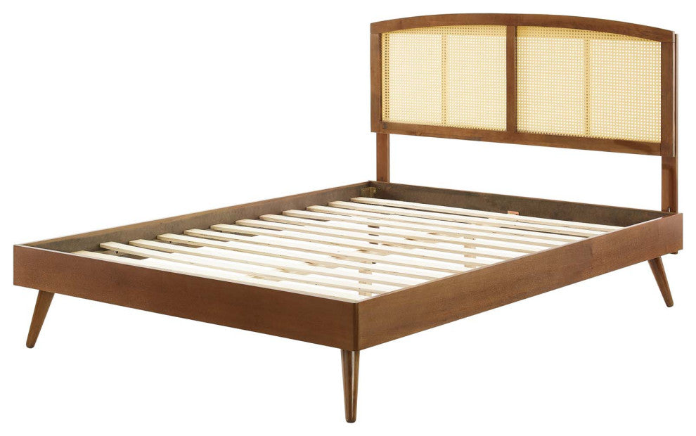 Platform Bed Frame, Full Size, Wood, Brown Walnut, Modern Mid-Century, Bedroom