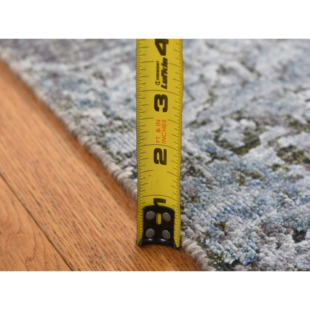 Gray Silk With Wool Hand Knotted Erased and Broken Design Runner Rug 2'6"x10'