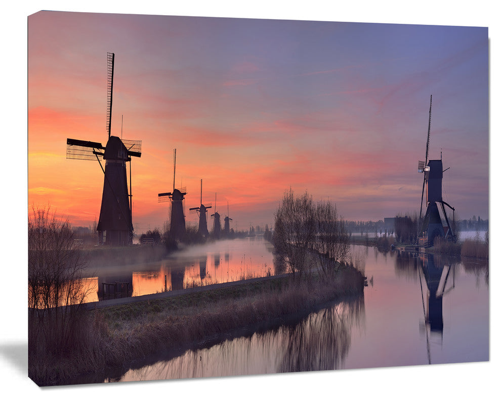 Windmills at Sunrise Panorama, Landscape Canvas Art Print, 60x40