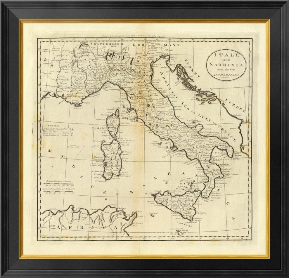"Italy and Sardinia, 1796" Framed Canvas Giclee by Mathew Carey, 26x25"