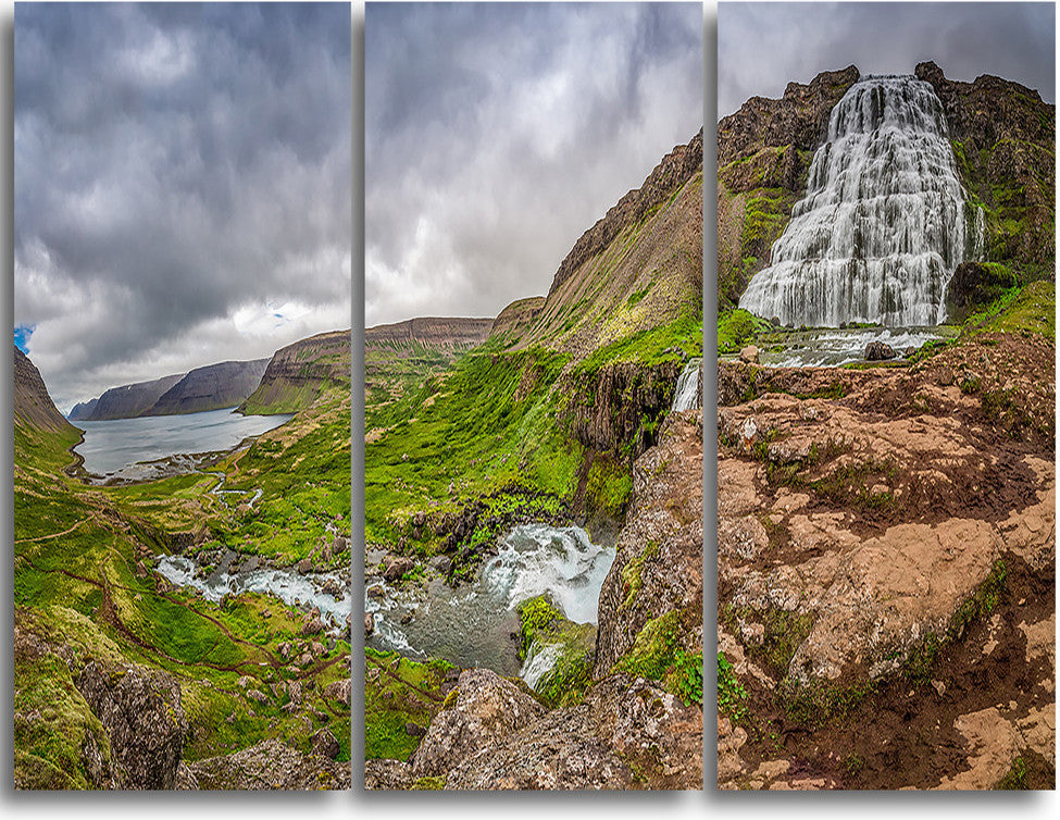 "Dyjandi Waterfall Iceland Panorama" Metal Wall Art, 3 Panels, 36"x28"