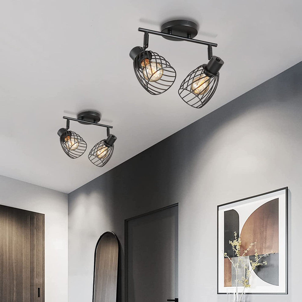 2 Light Semi Flush Mount, Farmhouse, Vintage, Cage, Black