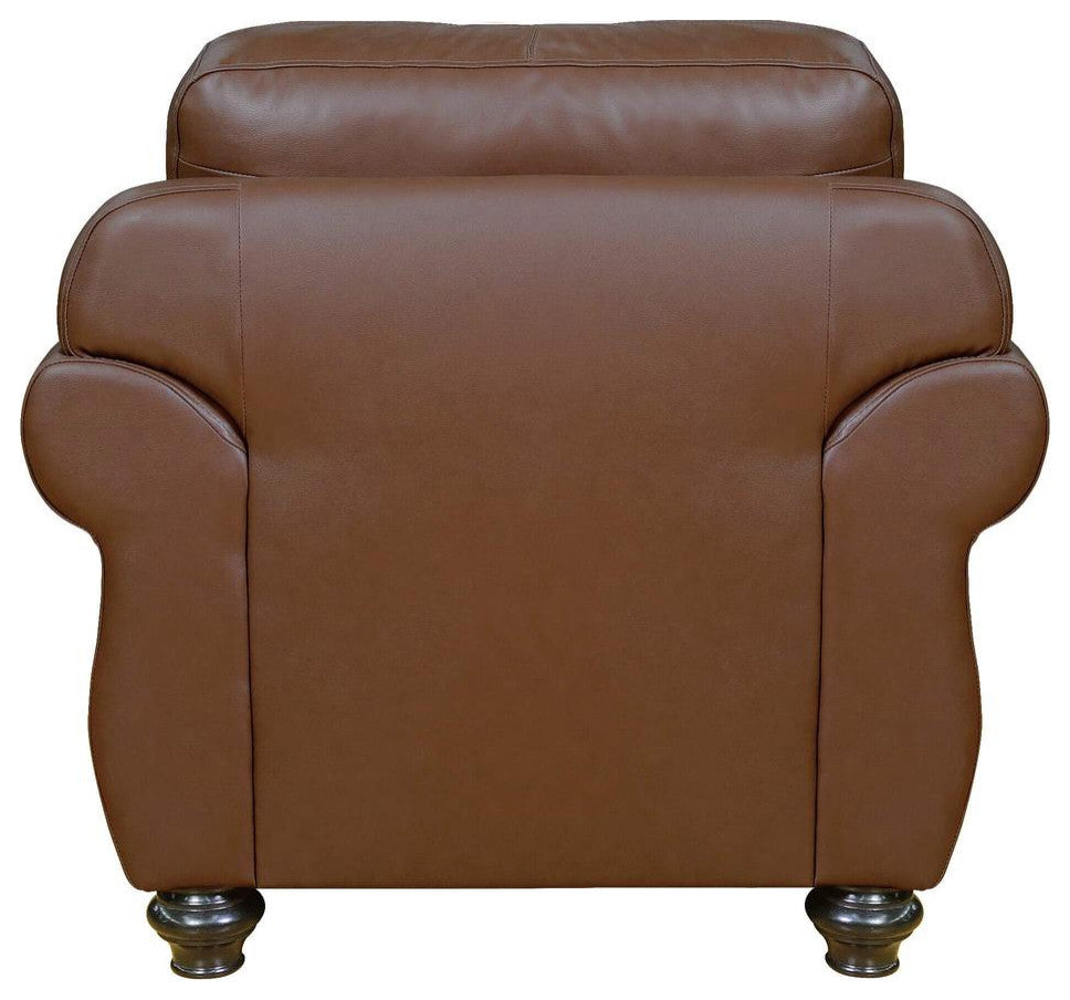 42" Wide Top Grain Leather Armchair, Chestnut Brown Rolled Arm Accent Chair